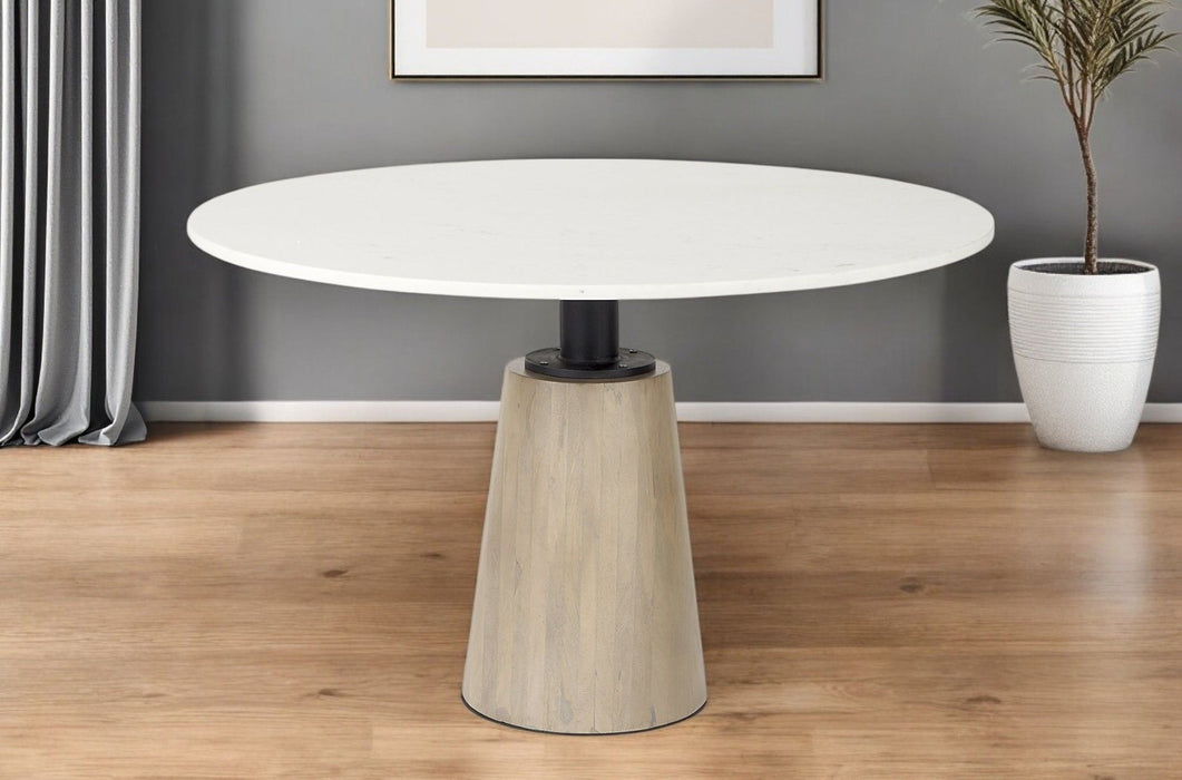 48" Rounded Marble Pedestal Base Dining Table - White / Natural