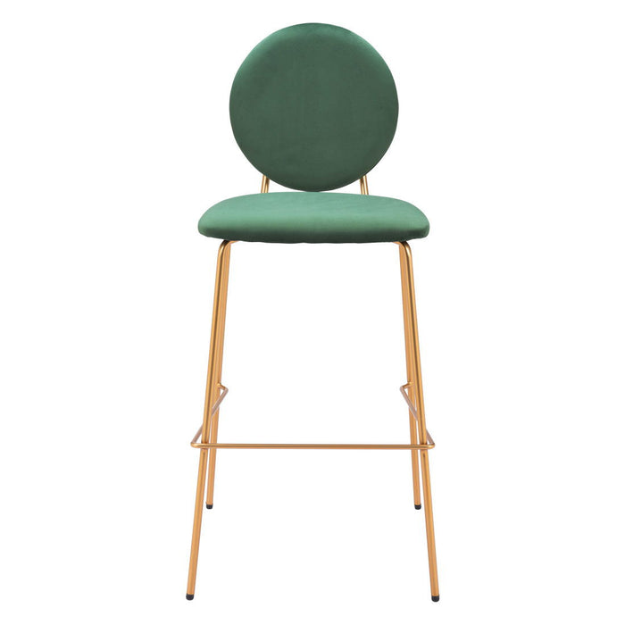 Set of two green velvet and gold steel bar height chairs with backrests, modern design, perfect for kitchen or bar area.