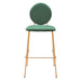 Set of two green velvet and gold steel bar height chairs with backrests, modern design, perfect for kitchen or bar area.