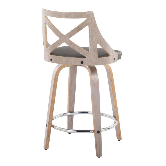 Charlotte - 24" Fixed-Height Counter Stool (Set of 2) - Light Gray Wood, Gray Faux Leather, Chrome Metal