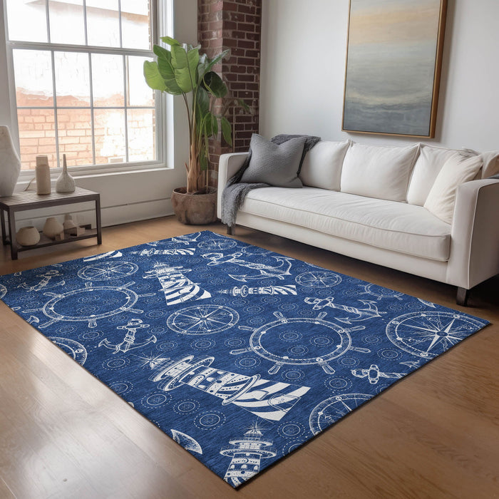 10' X 14' Nautical Washable Area Rug With UV Protection - Navy Blue And Ivory