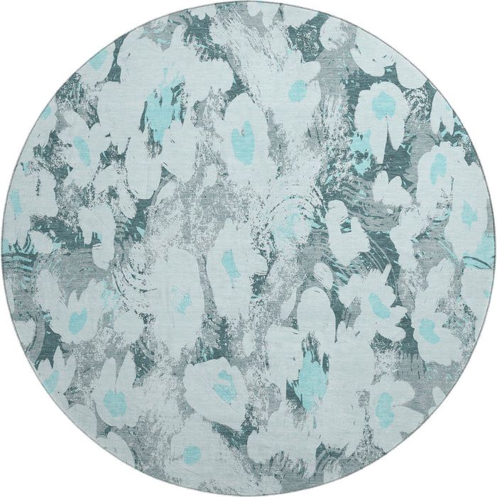 8' Floral Washable Round Rug With UV Protection (648175) - Teal / Gray / Ivory