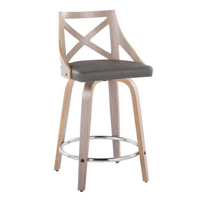 Charlotte - 24" Fixed-Height Counter Stool (Set of 2) - Light Gray Wood, Gray Faux Leather, Chrome Metal