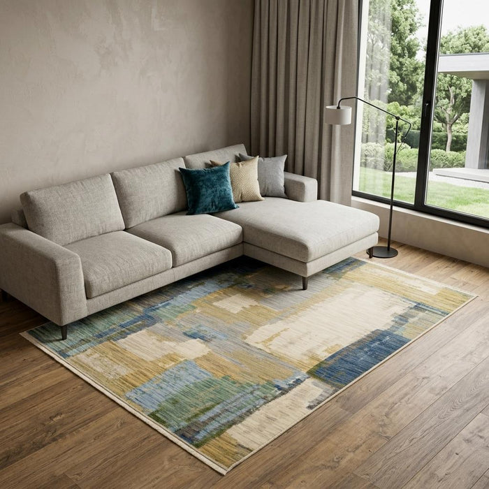 8' X 11' Abstract Area Rug With Fringe (576474) - Blue / Green / Beige