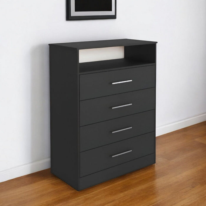 Modern Four Drawer Dresser With Hutch - Black