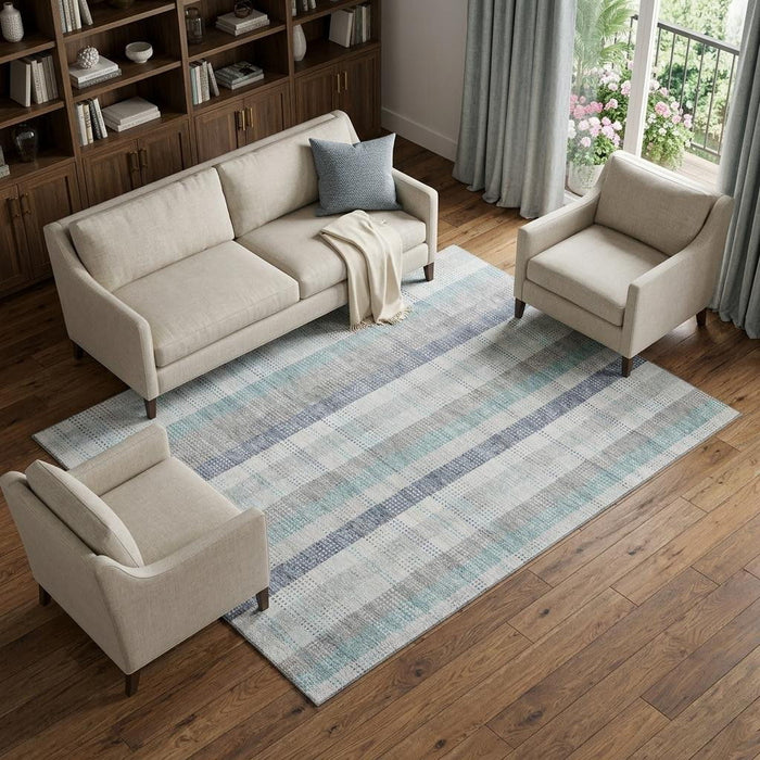 10' X 14' Plaid Washable Area Rug With UV Protection (676506) - Silver / Gray / Teal