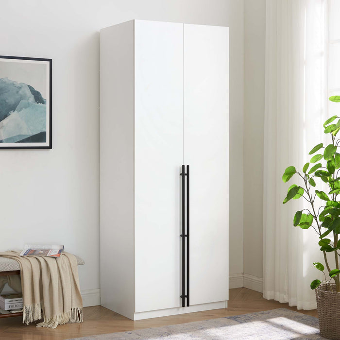 Manhattan Comfort wardrobe closet with hanging rod and shoe shelves, featuring wood finish and modern design.