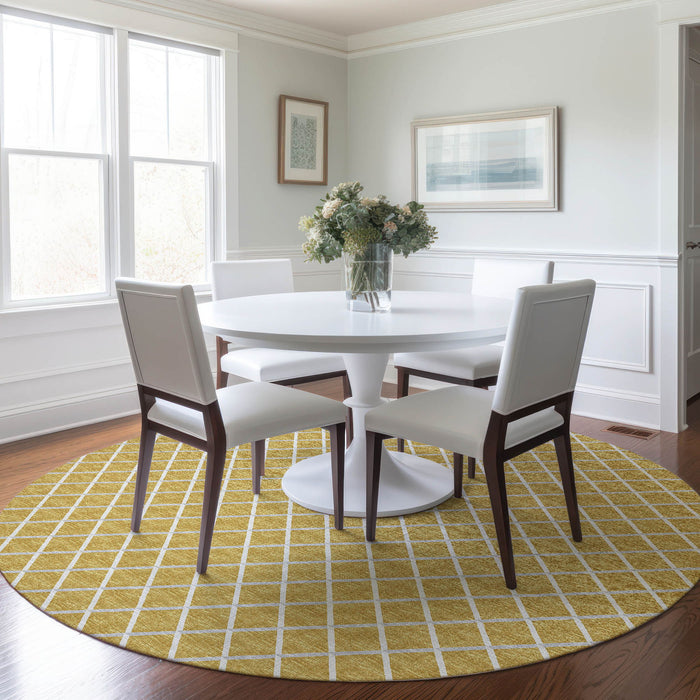 8' Geometric Washable Round Rug With UV Protection - Gold / Ivory
