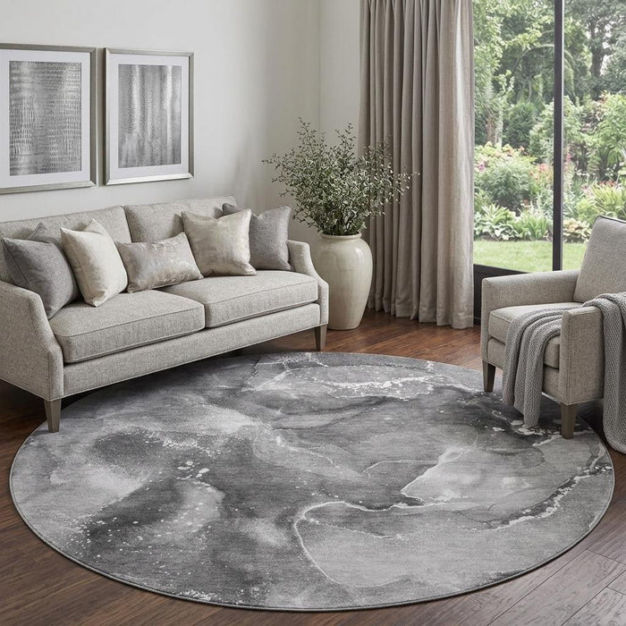 8' Abstract Washable Round Rug With UV Protection (647227) - Gray / Ivory