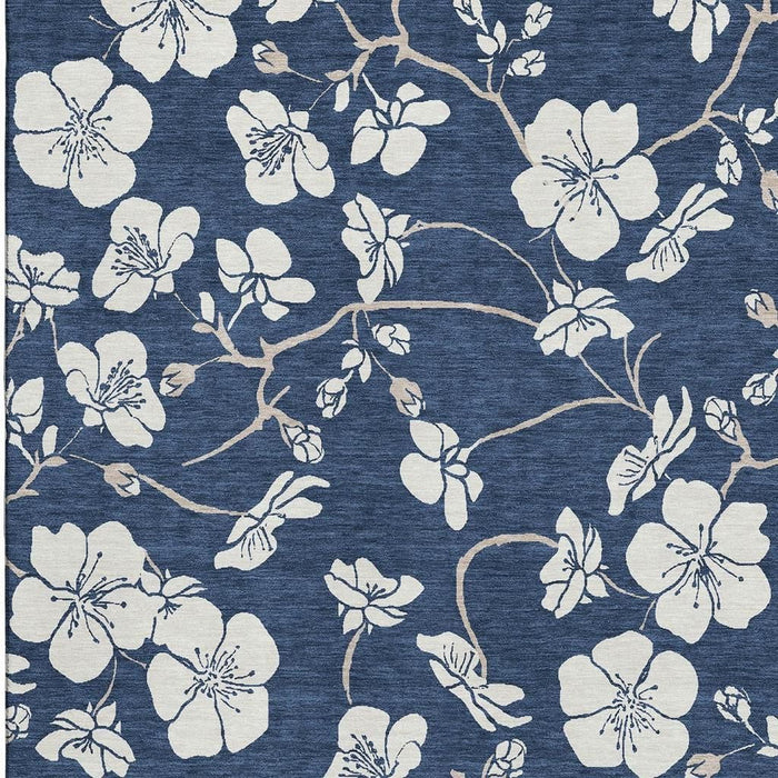 10' X 14' Floral Washable Area Rug With UV Protection (681053) - Navy Blue / Ivory
