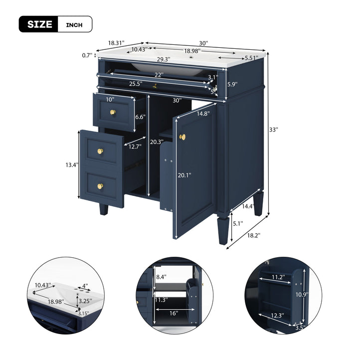 Giga bathroom vanity with top sink, storage cabinet, two drawers, and tip-out drawer in a modern bathroom setting