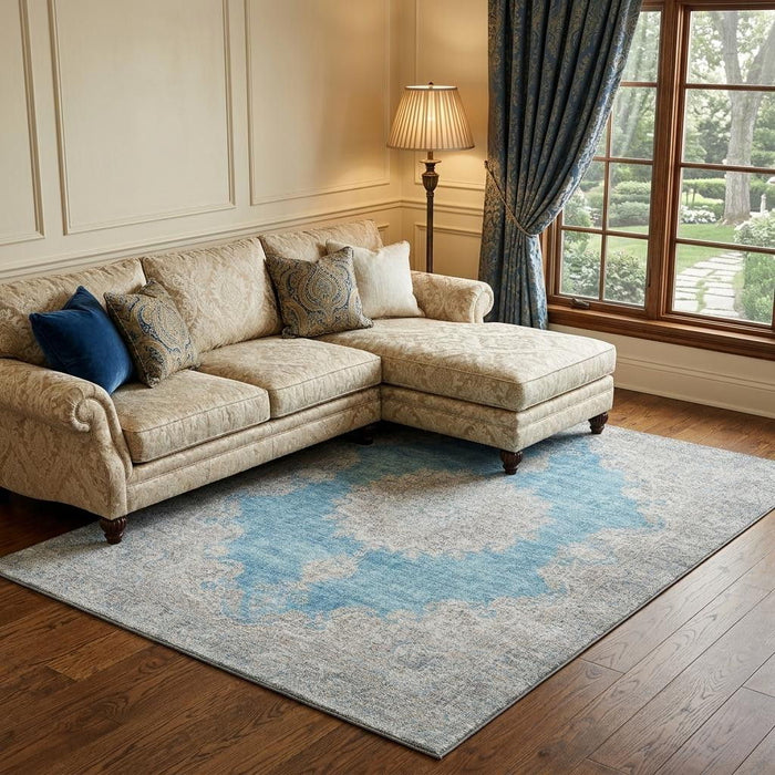 10' X 14' Oriental Washable Area Rug With UV Protection (678916) - Teal / Aqua / Gray