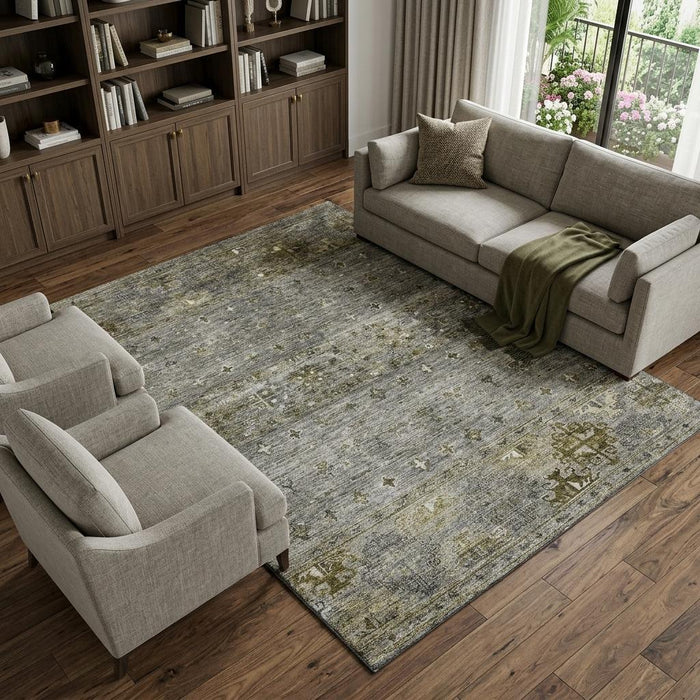 10' X 14' Tribal Washable Area Rug With UV Protection (688540) - Pewter / Olive Green / Beige