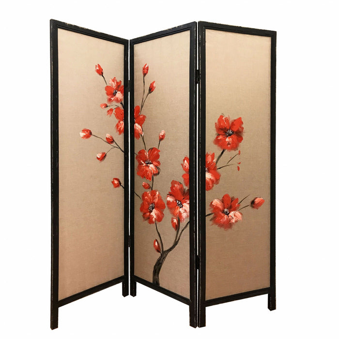 Fabric Folding Three Panel Screen Room Divider - Brown
