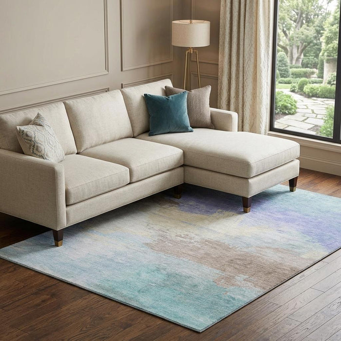 10' X 14' Abstract Washable Area Rug With UV Protection (694194) - Sky Blue / Lavender / Beige