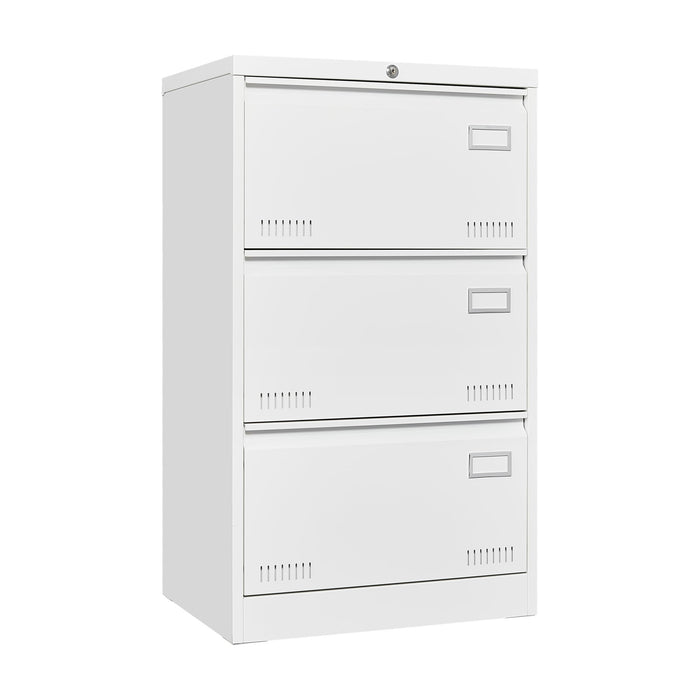 Giga 3-drawer locking lateral filing cabinet made of metal, used for office or home storage with secure locking drawers