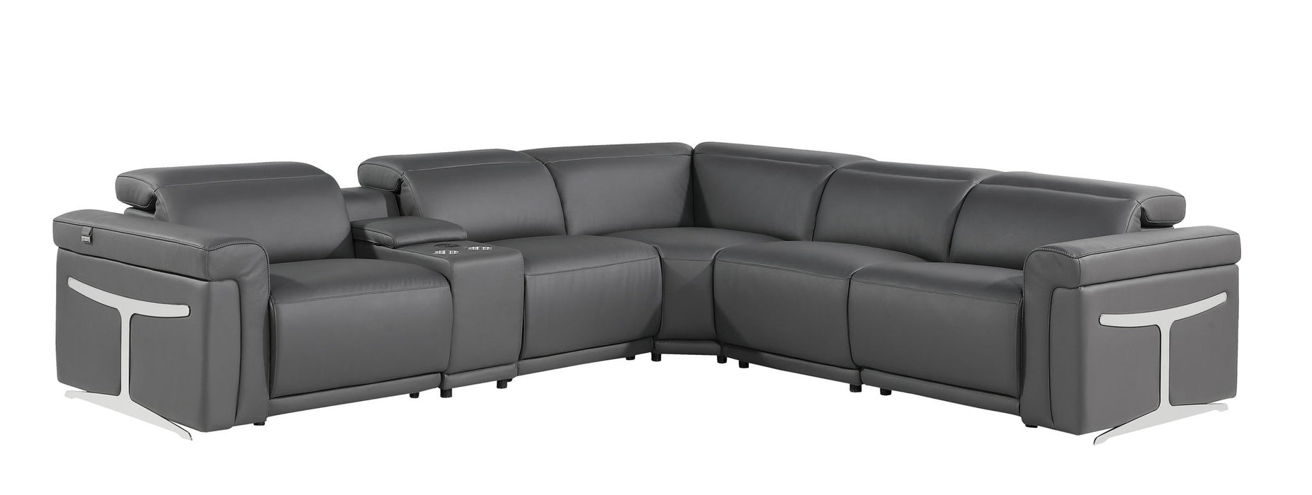 Italian Leather Modular L Shaped Six Piece Corner Sectional With Console - Gray