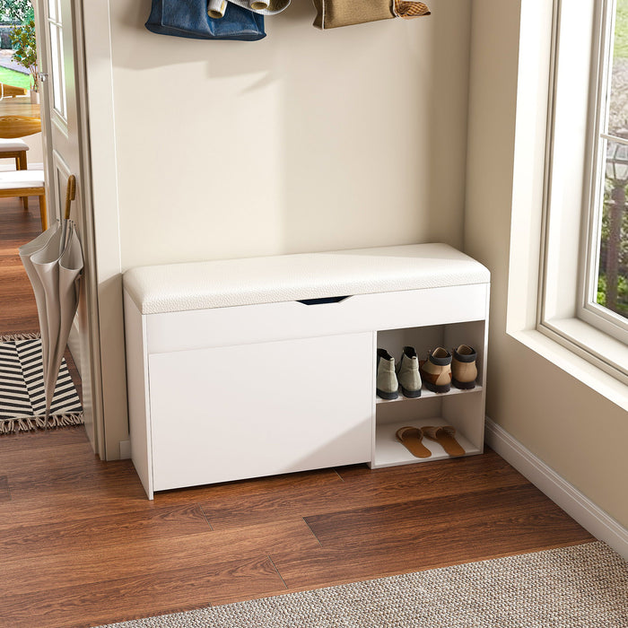 Giga modern white entryway storage bench with adjustable 3-tier flip-up drawers and hidden cabinet, featuring sleek design.