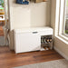Giga modern white entryway storage bench with adjustable 3-tier flip-up drawers and hidden cabinet, featuring sleek design.