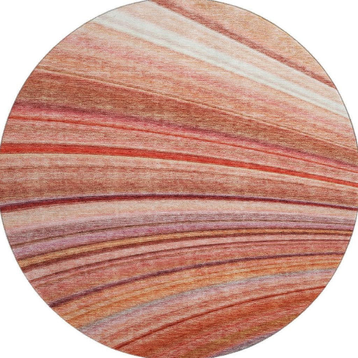 8' Striped Washable Round Rug With UV Protection (650359) - Terra Cotta / Blue / Ivory