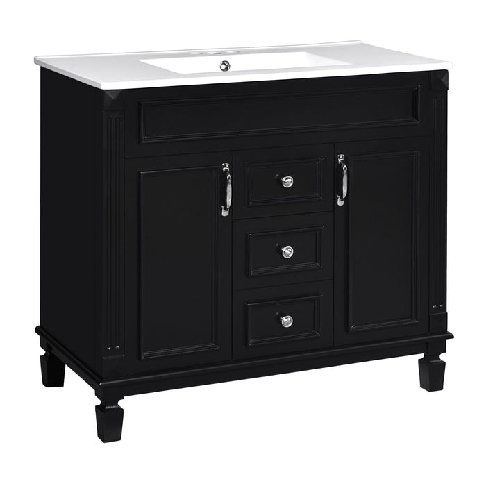 Giga bathroom vanity with top sink, basin on cabinet, two soft-closing doors, and two drawers in a modern bathroom setting.