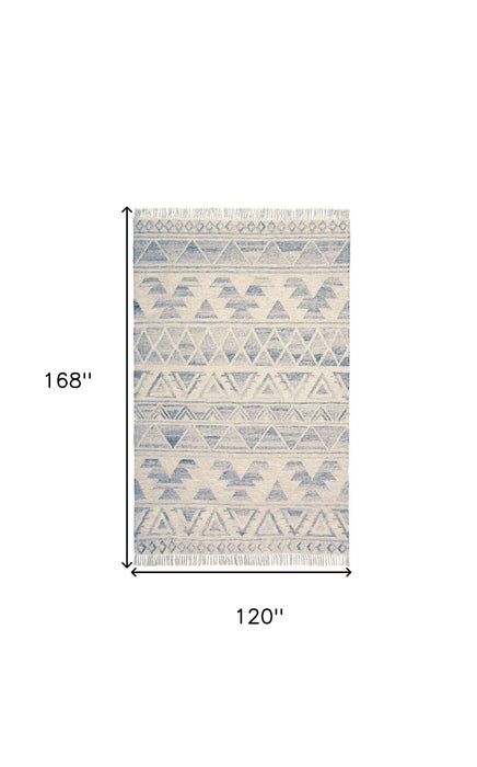 10' x 14' Wool Geometric Flatweave Handmade Area Rug With Fringe - Blue And Ivory