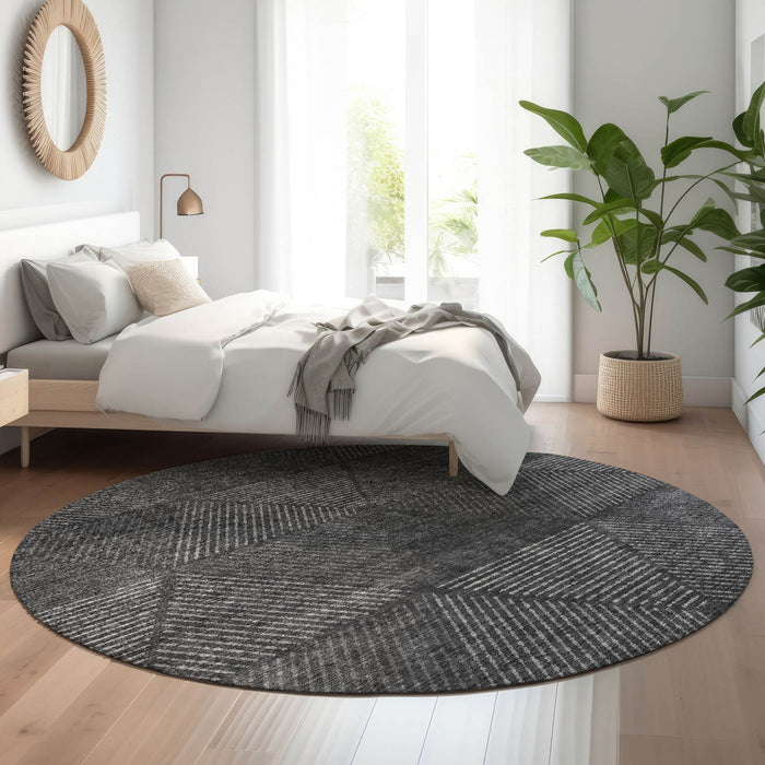 8' Geometric Washable Round Rug With UV Protection - Charcoal And Silver