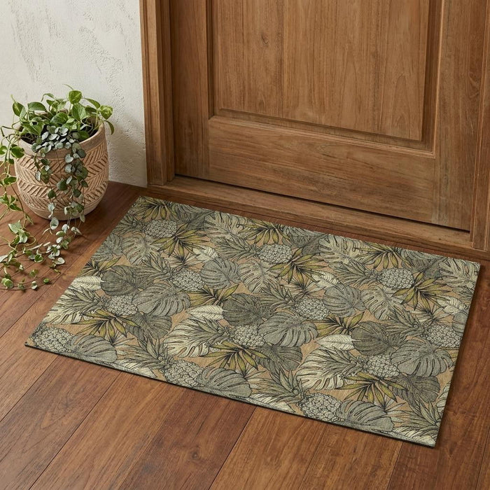 3' X 5' Tropical Botanical Distressed Washable Area Rug With UV Protection (646368) - Khaki / Gray / Yellow