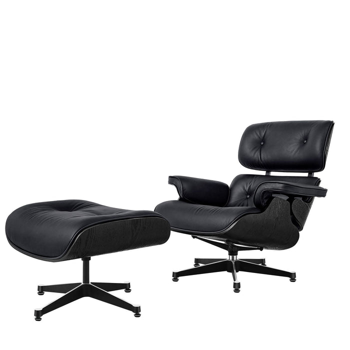 Black tufted genuine leather swivel lounge chair with matching ottoman, stationary design by HomeRoots, 35-inch size.