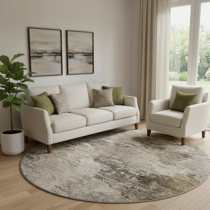 8' Abstract Washable Round Rug With UV Protection (650647) - Taupe / Gray