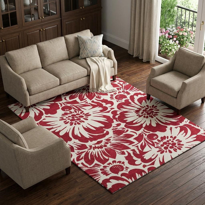 9' X 12' Floral Washable Area Rug With UV Protection (648633) - Burgundy / Ivory