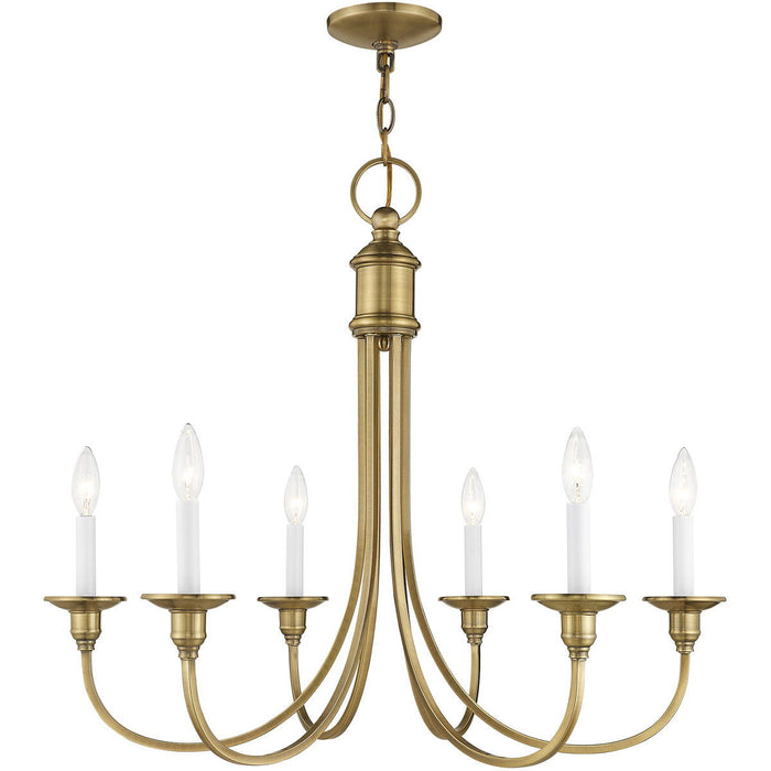 Six-light metal chandelier with antique brass finish and fabric shades, showcasing elegant design and dimmable lighting from HomeRoots.