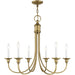 Six-light metal chandelier with antique brass finish and fabric shades, showcasing elegant design and dimmable lighting from HomeRoots.