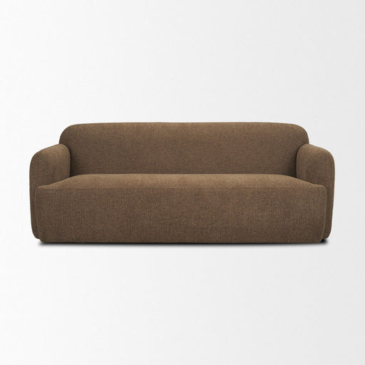 Brown fabric stationary sofa by HomeRoots with plush cushions and modern design, perfect for living room seating.