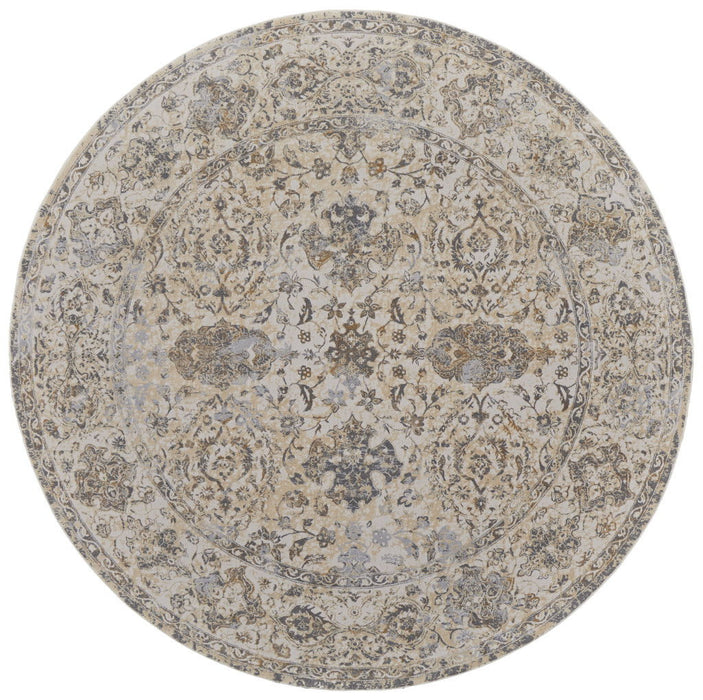 8' Round Oriental Power Loom Distressed Area Rug - Ivory And Brown