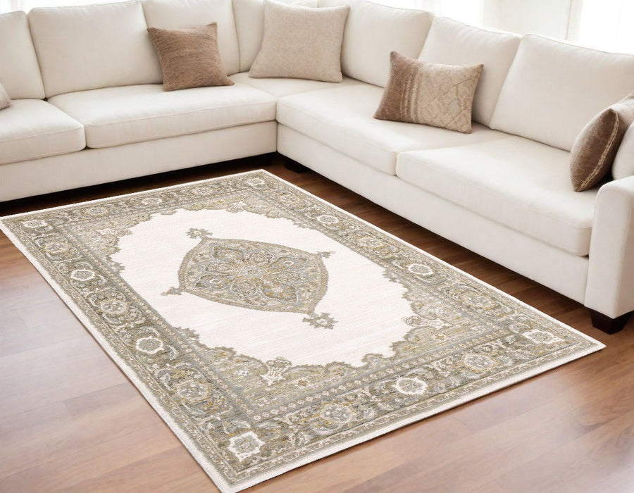 5' x 7' Oriental Power Loom Area Rug - Ivory And Beige