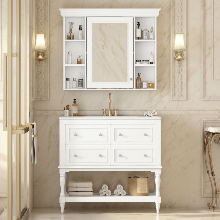 Giga bathroom vanity with medicine cabinet, four-drawer storage, adjustable shelf, and mirror for modern bathroom organization.