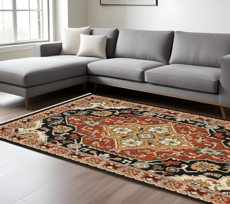8' x 11' Oriental Power Loom Stain Resistant Area Rug With Fringe - Black Orange And Beige