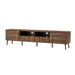 Giga walnut TV stand for TVs up to 85 inches with soft-close doors, open shelf, and cable management system