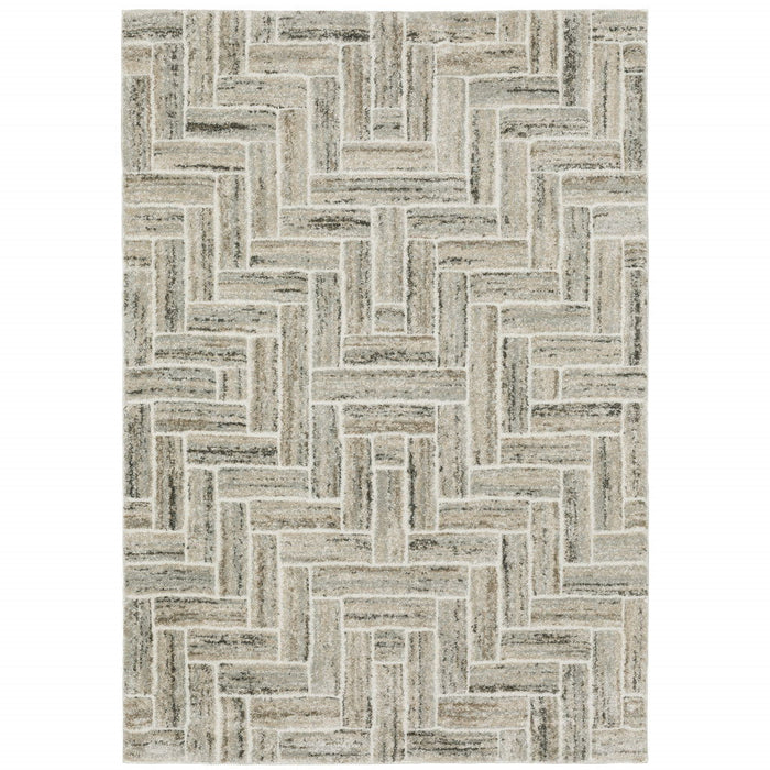 6' x 9' Geometric Power Loom Stain Resistant Area Rug - Ivory Beige Gray Brown Pale Blue And Charcoal