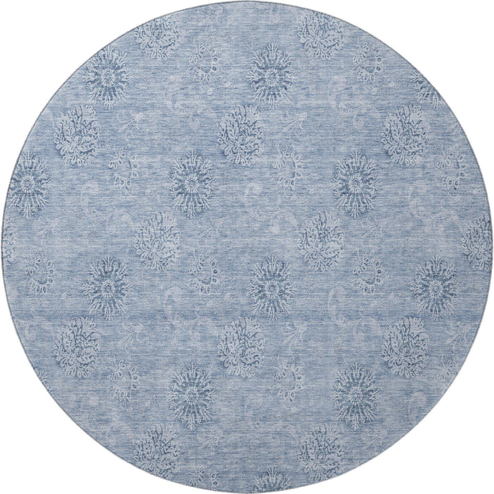 8' Floral Washable Round Rug With UV Protection - Sky Blue And Ivory