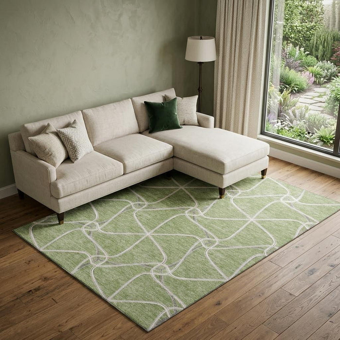 10' X 14' Geometric Washable Area Rug With UV Protection (675348) - Artichoke Green / Ivory