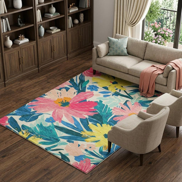 10' X 14' Floral Washable Area Rug With UV Protection (693954) - Blush / Yellow / Blue