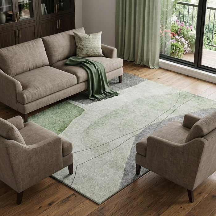 8' X 10' Abstract Washable Area Rug With UV Protection (656565) - Green / Gray / Ivory