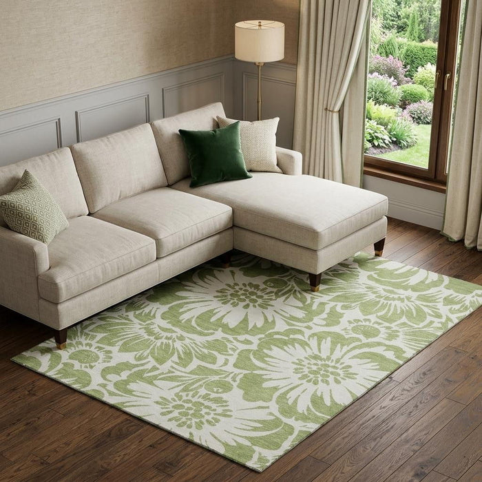 10' X 14' Floral Washable Area Rug With UV Protection (648616) - Fern Green / Ivory