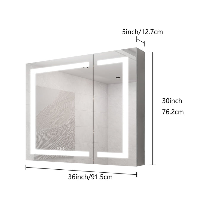 Giga 36"x30" silver medicine cabinet with LED vanity mirror, double doors, anti-fog, recessed or surface mount, touch switch, bright lighting