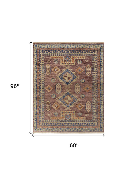 5' x 8' Wool Geometric Hand Knotted Area Rug With Fringe - Blue Red And Tan