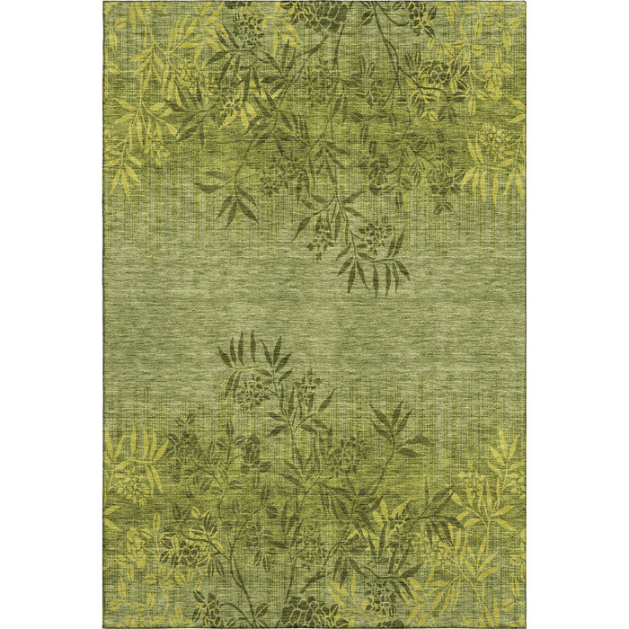 9' X 12' Floral Washable Area Rug With UV Protection (655661) - Olive Green / Gold