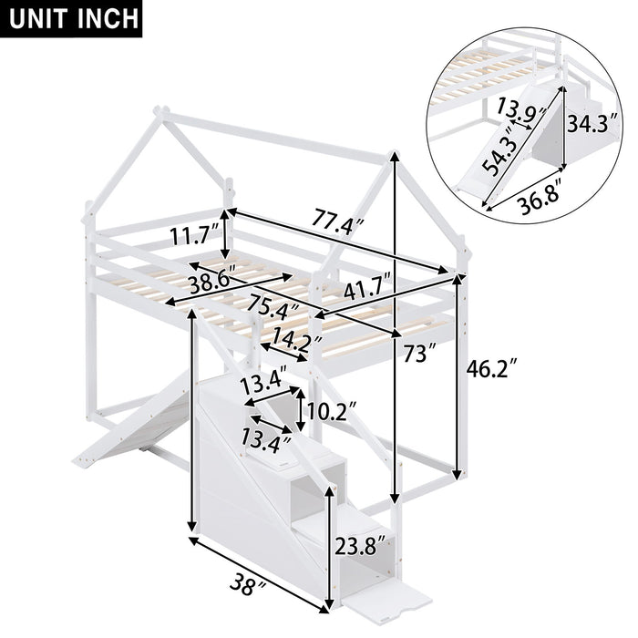 Giga twin over twin house loft bunk bed with slide and staircase, featuring a wooden frame and playful design for kids' bedroom.