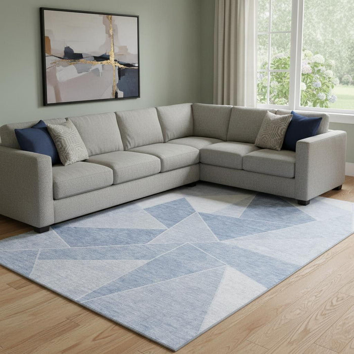 9' X 12' Geometric Washable Area Rug With UV Protection (653331) - Sky Blue / Ivory